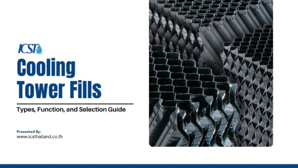 Presentation title slide titled "Cooling Tower Fills: Types, Function, and Selection Guide" presented by ICST (www.icsthailand.co.th). The right side displays a close-up view of textured corrugated PVC film fill media sheets organized into honeycomb-style blocks.