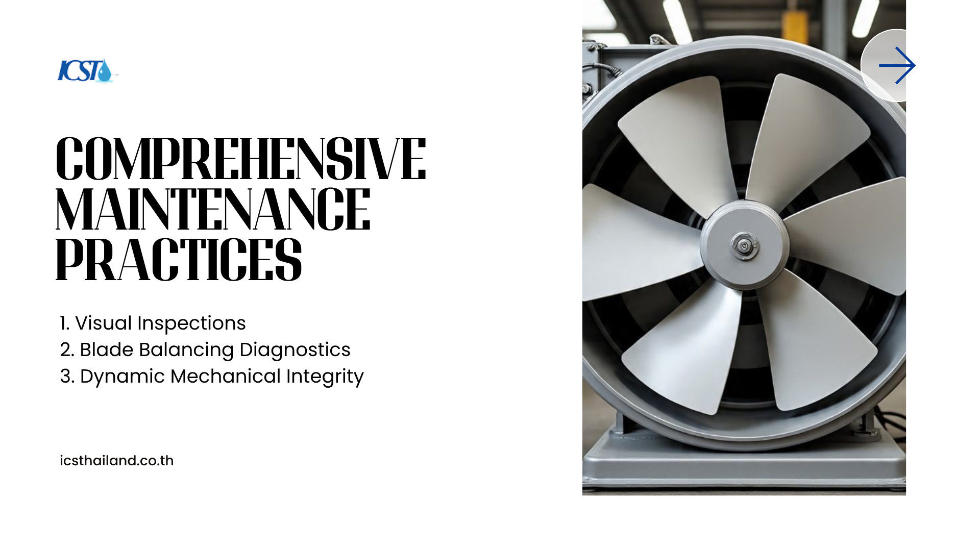 A close-up view of a silver, six-blade axial fan assembly highlighting comprehensive maintenance practices, such as visual inspections and balancing diagnostics for industrial fan blades.