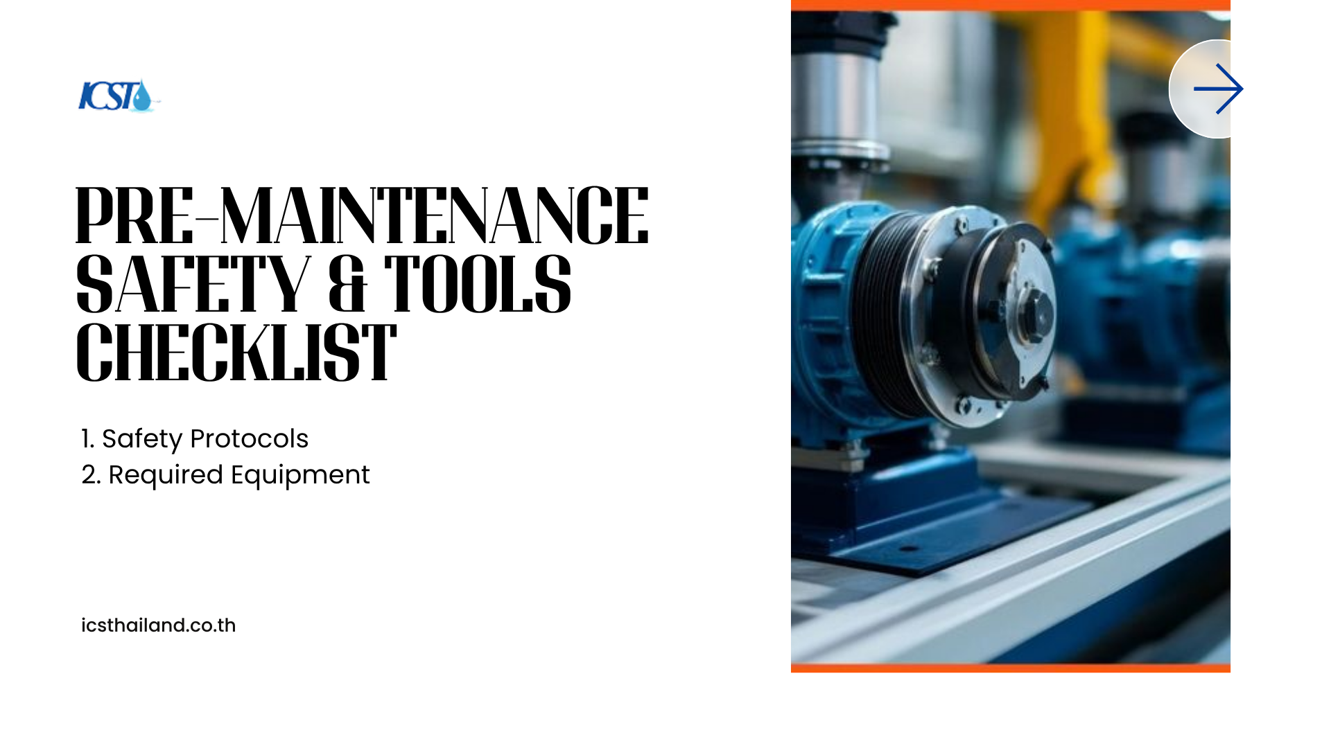 A pre-maintenance safety and tools checklist slide displayed alongside a close-up photo of blue electric motors and drive systems used to power heavy-duty industrial fan blades.