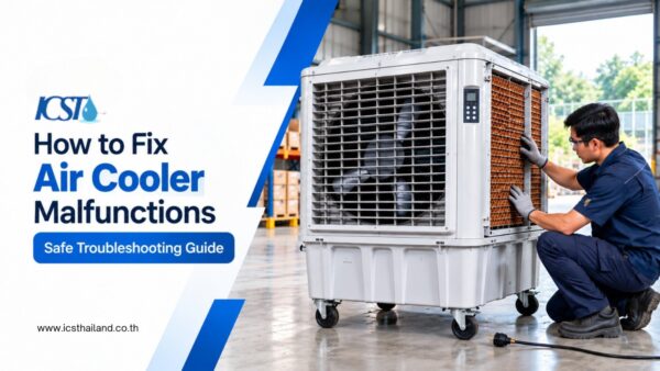 A technician kneeling down to inspect or replace the side cooling pad panel on a large industrial evaporative air cooler inside a warehouse or factory setting. On the left side, bold graphic text reads "How to Fix Air Cooler Malfunctions: Safe Troubleshooting Guide" alongside the ICST logo.