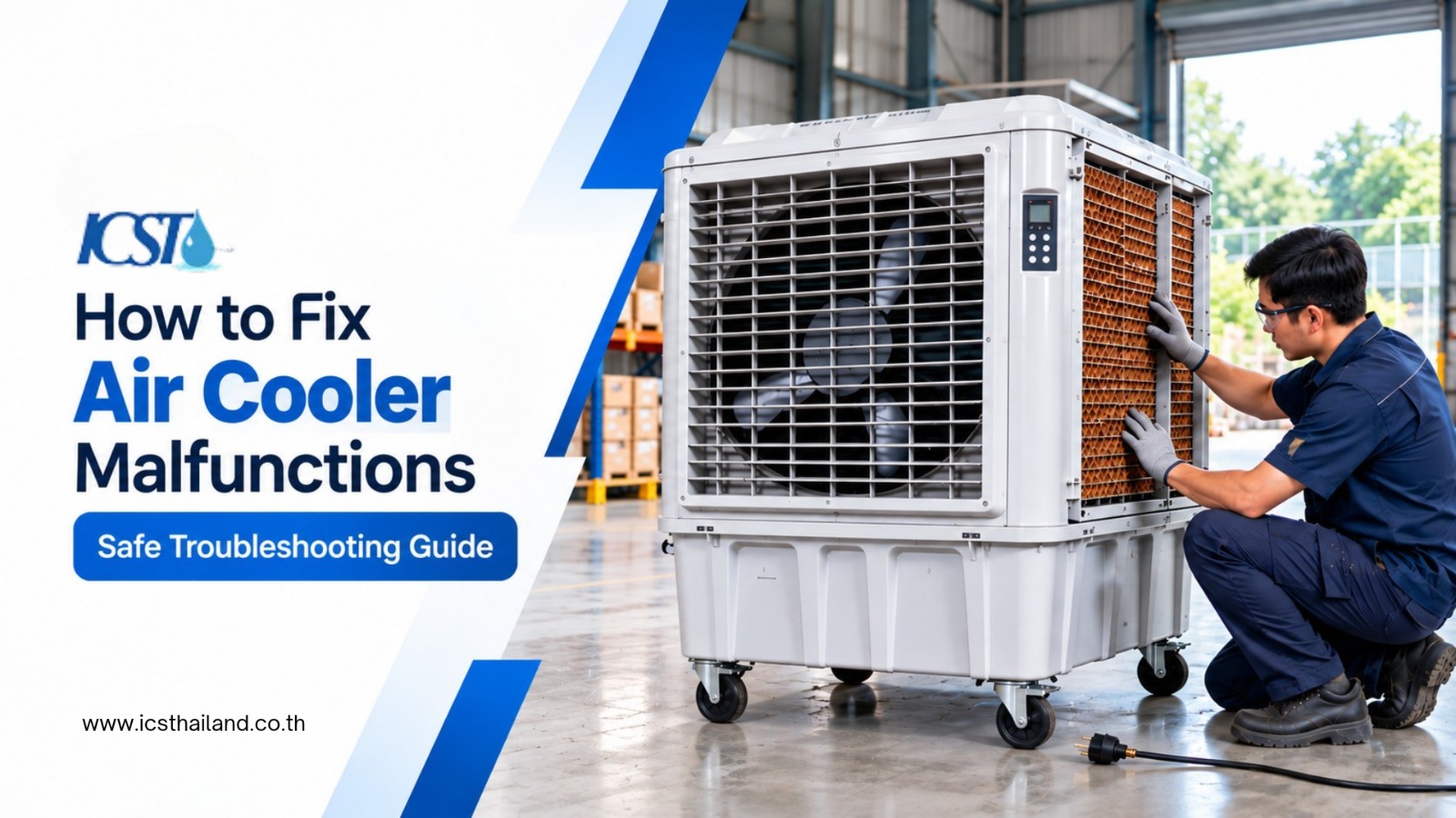 A technician kneeling down to inspect or replace the side cooling pad panel on a large industrial evaporative air cooler inside a warehouse or factory setting. On the left side, bold graphic text reads "How to Fix Air Cooler Malfunctions: Safe Troubleshooting Guide" alongside the ICST logo.