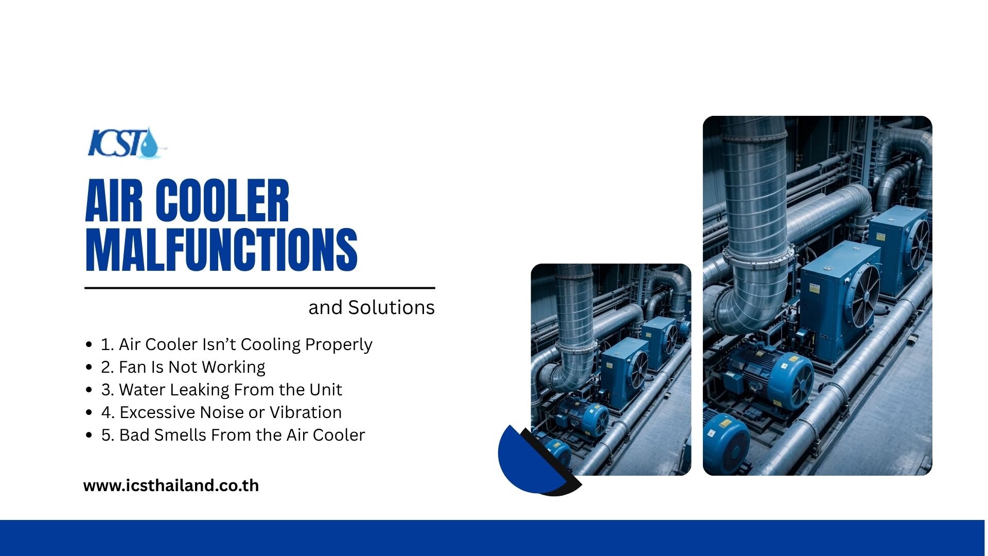 "Infographic titled 'Air Cooler Malfunctions and Solutions' by ICST. The left side lists five common issues: 1. Air Cooler Isn’t Cooling Properly, 2. Fan Is Not Working, 3. Water Leaking From the Unit, 4. Excessive Noise or Vibration, and 5. Bad Smells From the Air Cooler. The right side features a photo of industrial air cooling units and large ventilation pipes."