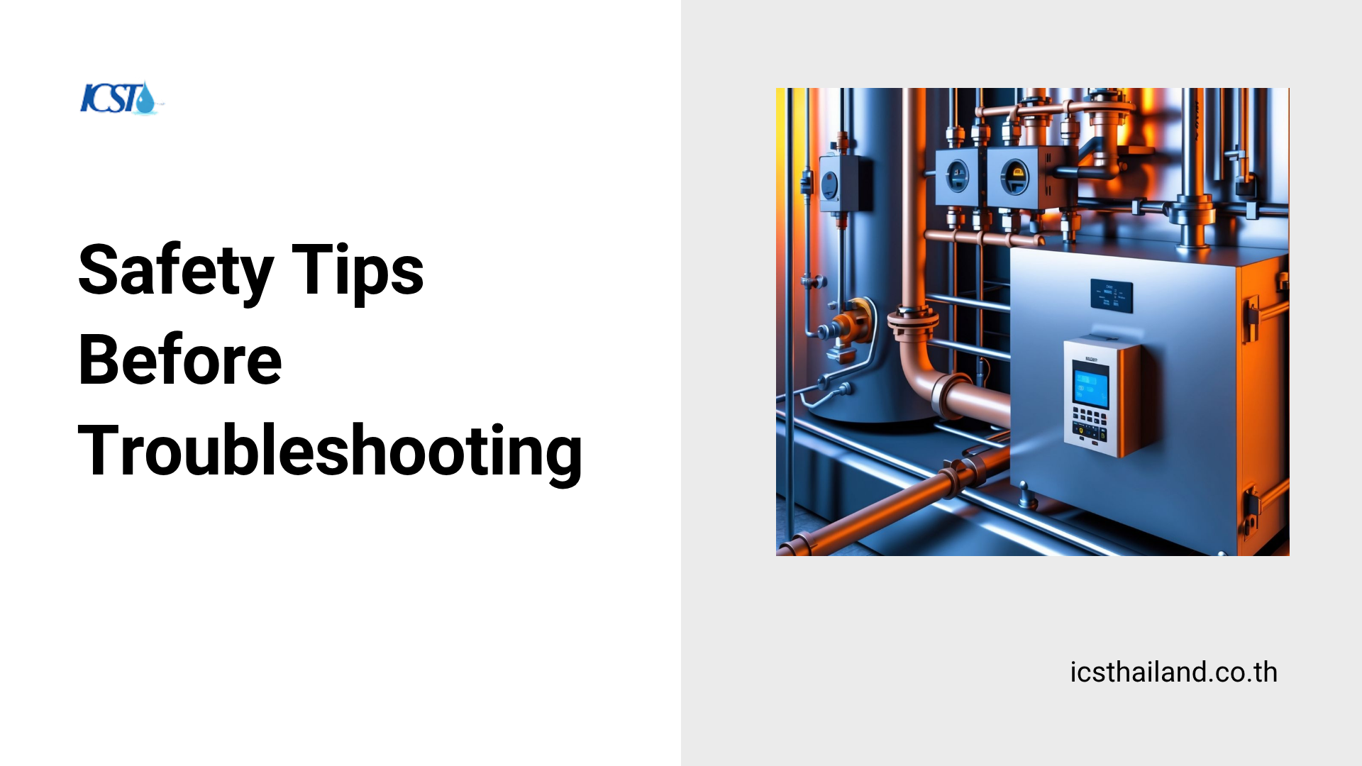 An industrial safety graphic outlining steps to handle Air Cooler Malfunctions, showing a modern HVAC control box with a digital interface, complex copper pipes, and a large tank.