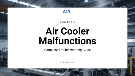 unnamed (38) An industrial troubleshooting guide for Air Cooler Malfunctions, featuring bold title text overlaying a blurred background of large facility machinery, metal ductwork, and ceiling structures.