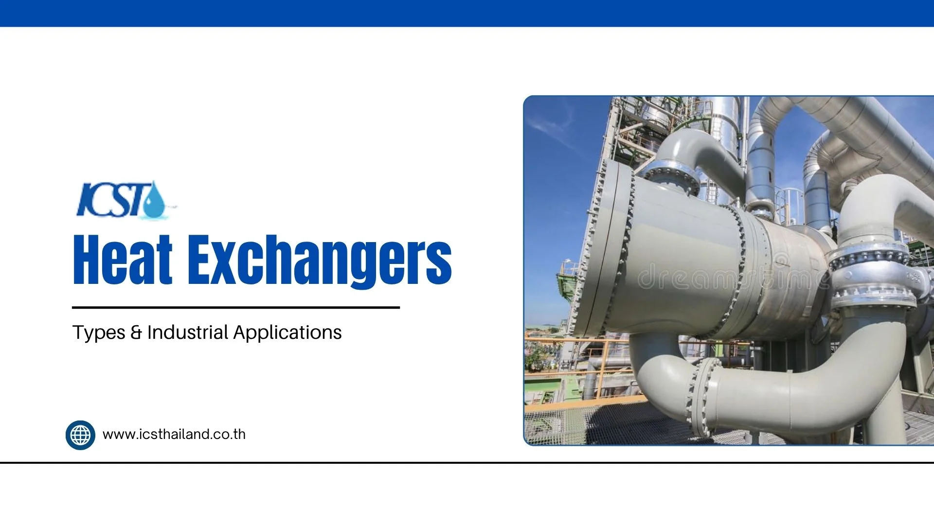 Industrial large heat exchanger unit with pipes, shown alongside text "Heat Exchangers: Types & Industrial Applications" and a website link.