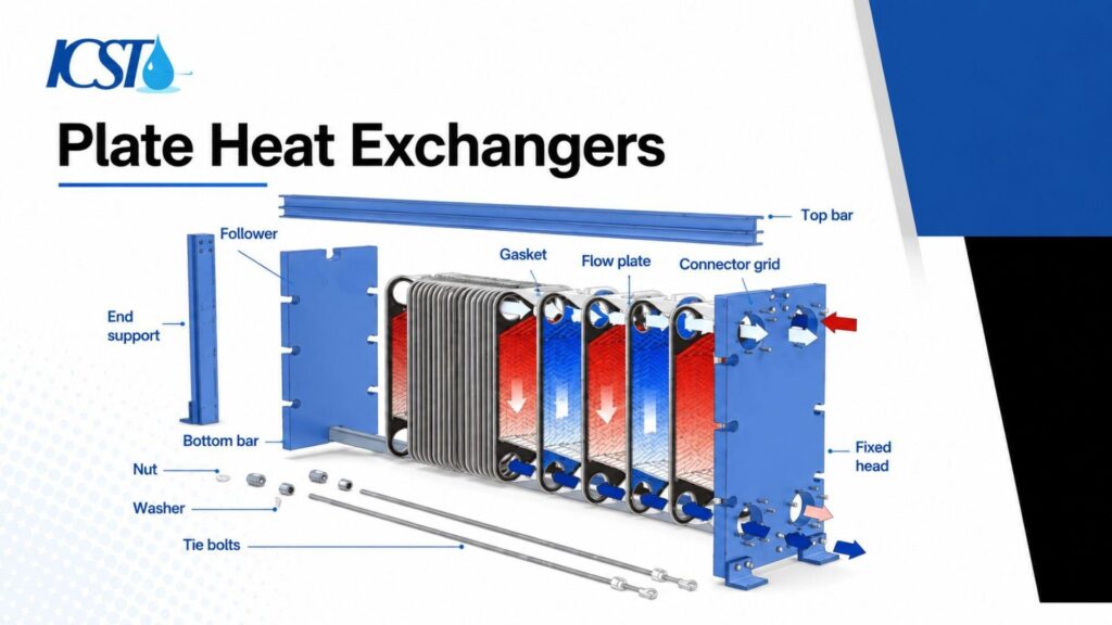 Labeled diagram titled "Plate Heat Exchangers" by ICST, showing a 3D exploded view of a plate heat exchanger assembly. Components labeled include top bar, bottom bar, end support, follower, fixed head, gasket, flow plate, connector grid, nut, washer, and tie bolts, with arrows indicating fluid flow directions.
