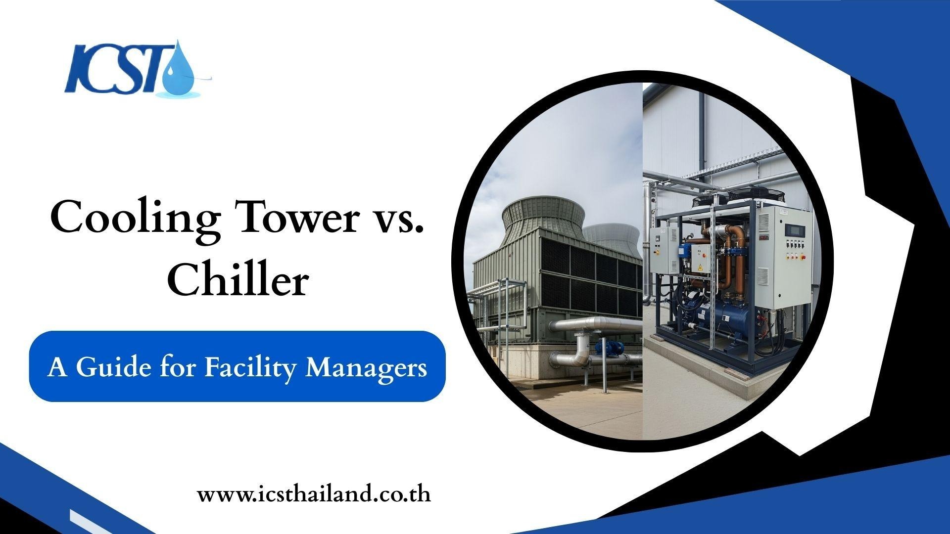 A graphic titled "Cooling Tower vs. Chiller" with a split-screen photo showing a cooling tower on one side and a chiller on the other.