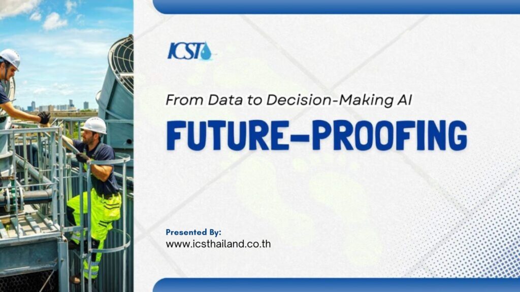 Presentation slide titled "From Data to Decision-Making AI: FUTURE-PROOFING" by ICST (www.icsthailand.co.th). The image shows two technicians wearing hard hats working on an industrial cooling tower structure outdoors.