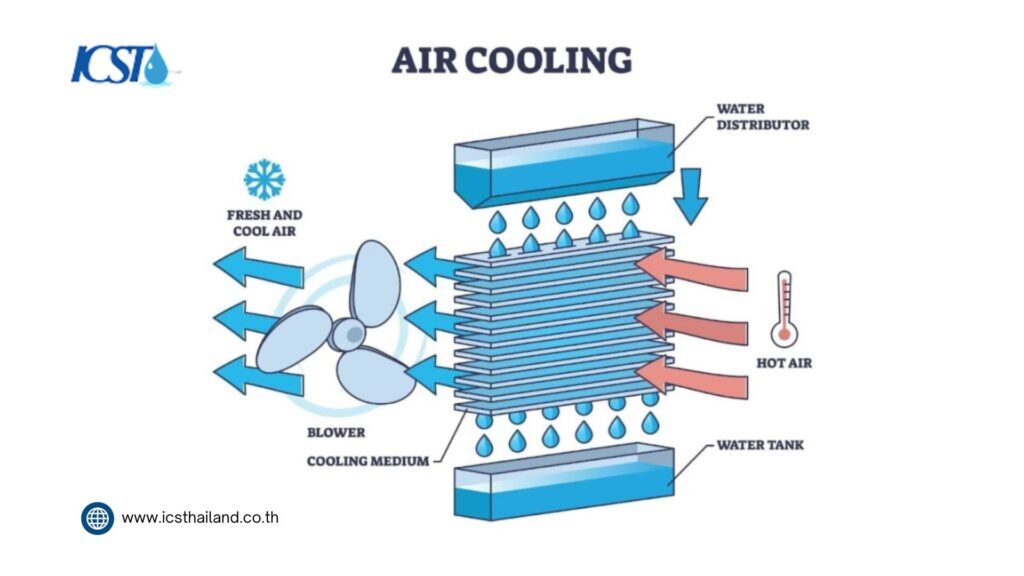 Technical diagram titled "Air Cooling" from ICST (www.icsthailand.co.th) illustrating evaporative cooling mechanics. Water flows from a top distributor down through a central cooling medium fill into a bottom water tank, while a fan blower pulls incoming hot air through the wet medium to produce fresh, cool exhaust air.