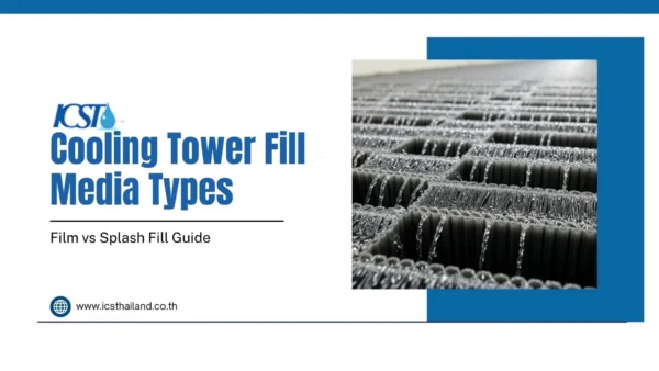 Cooling Tower Fill Media Types (1) Informational slide titled "Cooling Tower Fill Media Types: Film vs Splash Fill Guide", showing a detailed close-up of film fill media with water flowing through its textured corrugated sheets.