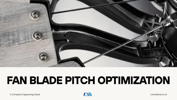 Title slide reading 'Fan Blade Pitch Optimization: A Complete Engineering Guide' by ICS Thailand, featuring a close-up macro view of fan blade mounting assembly hardware and mechanical components.