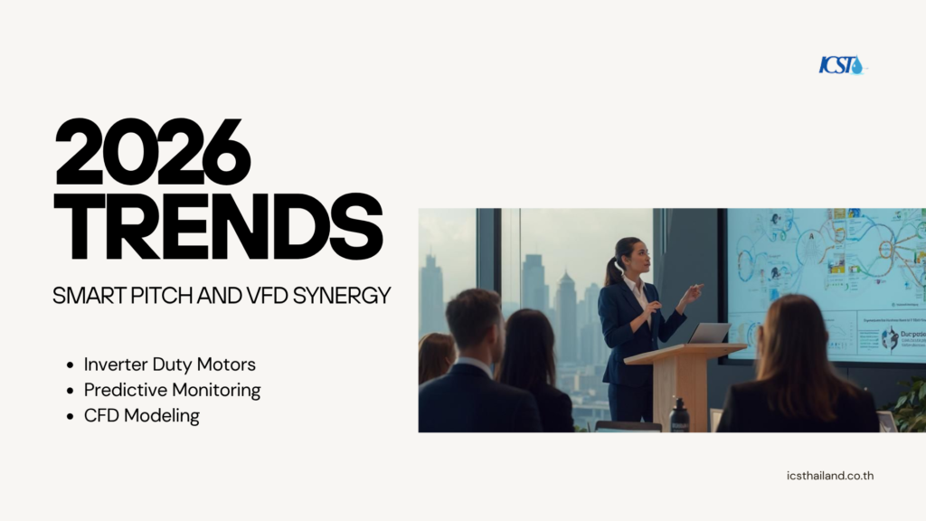 Slide titled '2026 Trends: Smart Pitch and VFD Synergy' covering topics like inverter duty motors, predictive monitoring, and CFD modeling in fan blade pitch optimization, featuring a business presentation setting.
