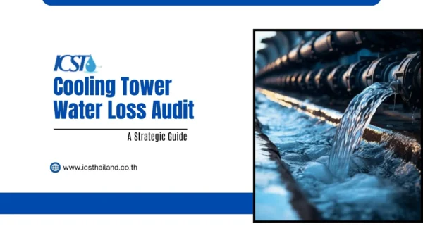 Title graphic for "Cooling Tower Water Loss Audit: A Strategic Guide" featuring the ICST logo and website www.icsthailand.co.th. On the right, an inset photograph shows water flowing through an industrial pipeline system and pouring into a distribution channel.