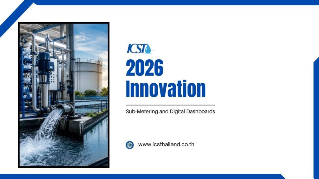 Graphic title card reading "2026 Innovation: Sub-Metering and Digital Dashboards" with the ICST logo and website www.icsthailand.co.th. An inset photo on the left shows high-pressure water pumps and piping discharging water into a large industrial basin.