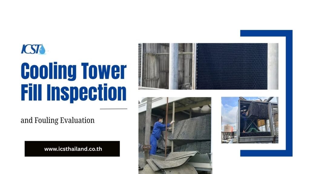 Maintenance guide slide titled "Cooling Tower Fill Inspection and Fouling Evaluation" by ICST (icsthailand.co.th), showing detailed images of technicians inspecting, cleaning, and replacing cooling tower fill media blocks.