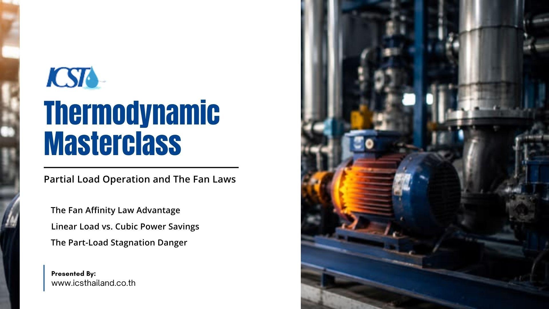 Thermodynamic Masterclass: Partial Load Operation and The Fan Laws" presented by ICST (www.icsthailand.co.th). Left side lists key topics: The Fan Affinity Law Advantage, Linear Load vs. Cubic Power Savings, and The Part-Load Stagnation Danger. Right side shows a close-up photo of an industrial electric motor connected to piping in a plant setting.