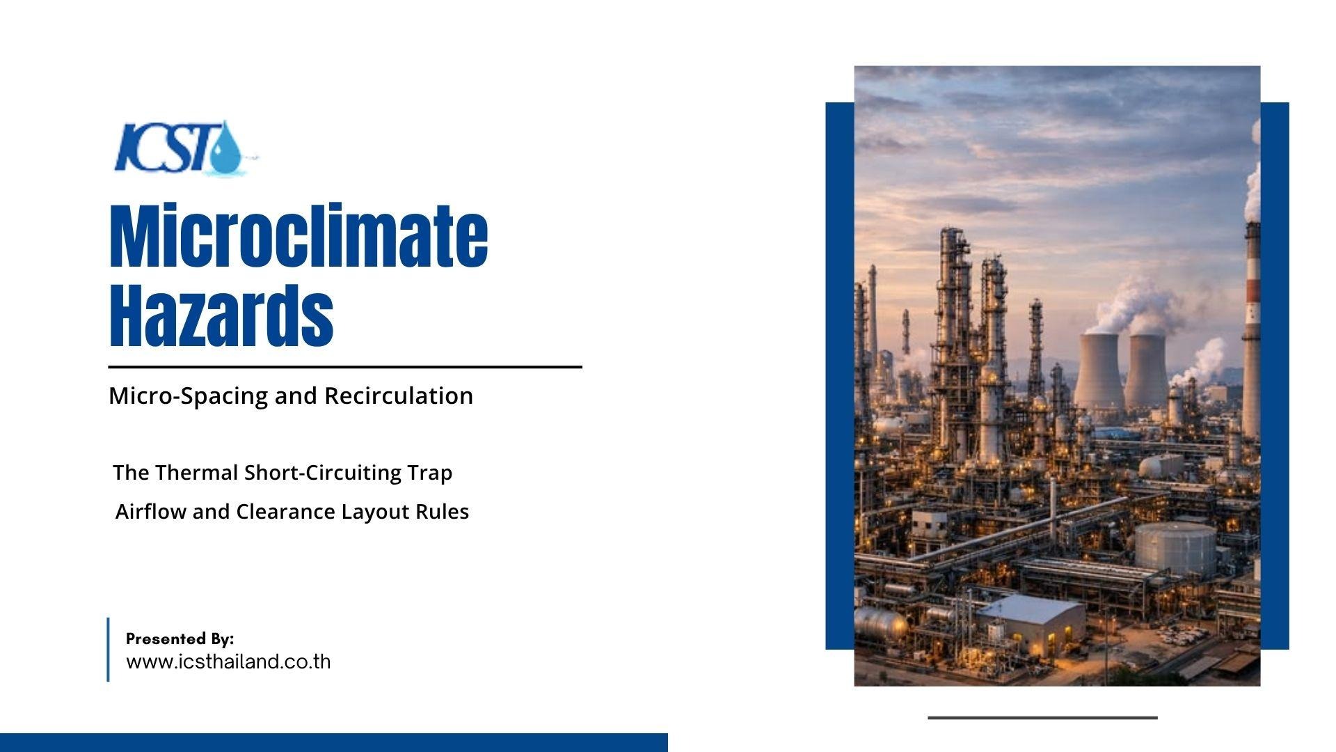 Slide titled "Microclimate Hazards: Micro-Spacing and Recirculation" by ICST (www.icsthailand.co.th). Left side lists topics including The Thermal Short-Circuiting Trap and Airflow and Clearance Layout Rules. Right side shows an framed aerial photograph of a large chemical processing refinery with cooling towers and exhaust stacks against a dusk sky.
