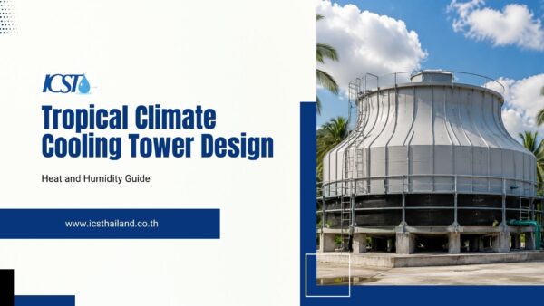 A large industrial cooling tower stands outdoors under a blue sky, featured in a guide titled "Tropical Climate Cooling Tower Design.