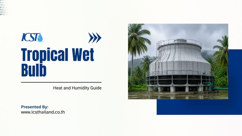 Presentation slide titled "Tropical Wet Bulb: Heat and Humidity Guide" with an image of a cooling tower surrounded by palm trees. Presented by www.icsthailand.co.th.