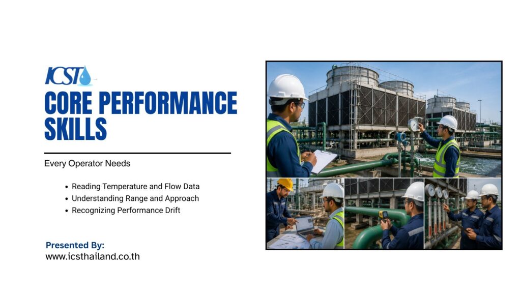 Promotional graphic for Core Performance Skills by ICSTA, featuring four images of workers in safety gear inspecting equipment at an industrial facility, with a list of key skills and the website www.icsthailand.co.th.