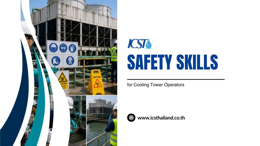 Presentation slide with the title Safety Skills for Cooling Tower Operators, showing cooling towers, safety signs, caution signs, and workers in safety gear. Website www.icsthailand.co.th is displayed at the bottom.