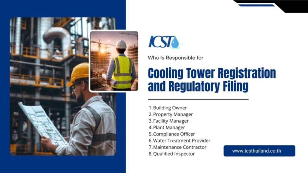 Educational slide titled "Who Is Responsible for Cooling Tower Registration and Regulatory Filing" by ICST (icsthailand.co.th), listing eight roles including Building Owner, Property Manager, Facility Manager, Plant Manager, Compliance Officer, Water Treatment Provider, Maintenance Contractor, and Qualified Inspector.