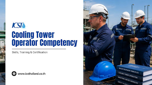 Three workers in safety gear inspect cooling tower equipment outdoors. On a table are blue safety helmets and training manuals. The text reads “Cooling Tower Operator Competency: Skills, Training & Certification.