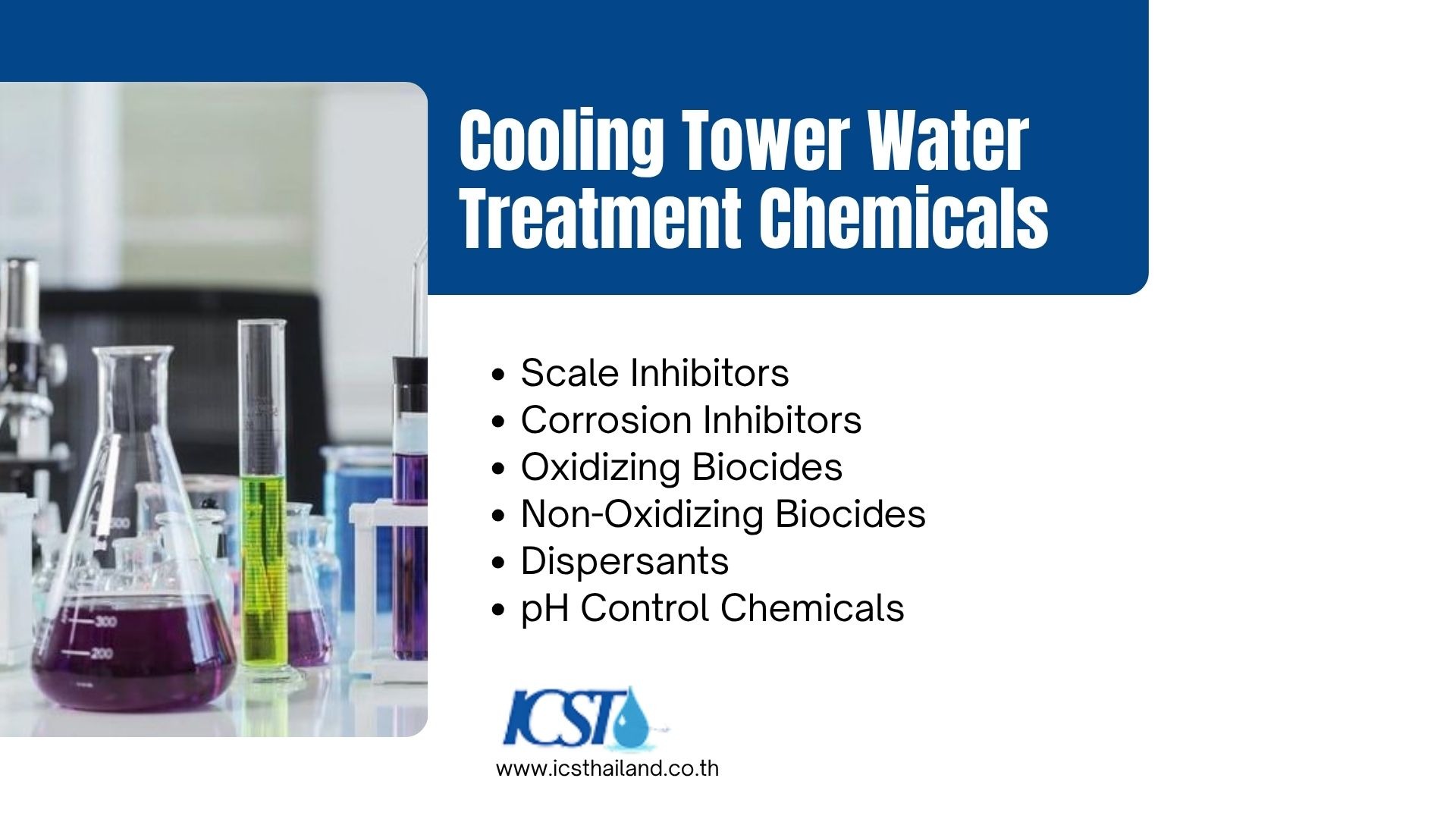 Slide titled "Cooling Tower Water Treatment Chemicals" by ICST (www.icsthailand.co.th). Left side shows laboratory glassware filled with colorful liquids. Right side lists bullet points: Scale Inhibitors, Corrosion Inhibitors, Oxidizing Biocides, Non-Oxidizing Biocides, Dispersants, and pH Control Chemicals.