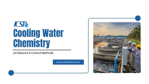 Slide titled "ICST Cooling Water Chemistry" with the subtitle "pH Balance & Control Methods." The right side features a photo of three industrial technicians in hard hats and safety gear inspecting an outdoor water treatment facility basin. Includes a blue button with the website www.icsthailand.co.th.