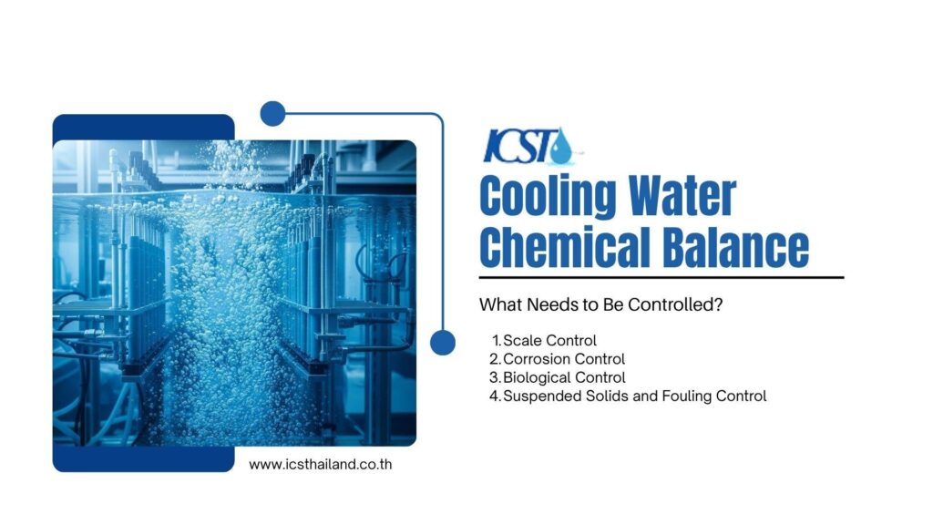 Slide titled "ICST Cooling Water Chemical Balance" with the subtitle "What Needs to Be Controlled?" featuring a left-side image of bubbling water in industrial glass tubes. The right side lists four key controls: 1. Scale Control, 2. Corrosion Control, 3. Biological Control, and 4. Suspended Solids and Fouling Control. Includes the website link www.icsthailand.co.th at the bottom.