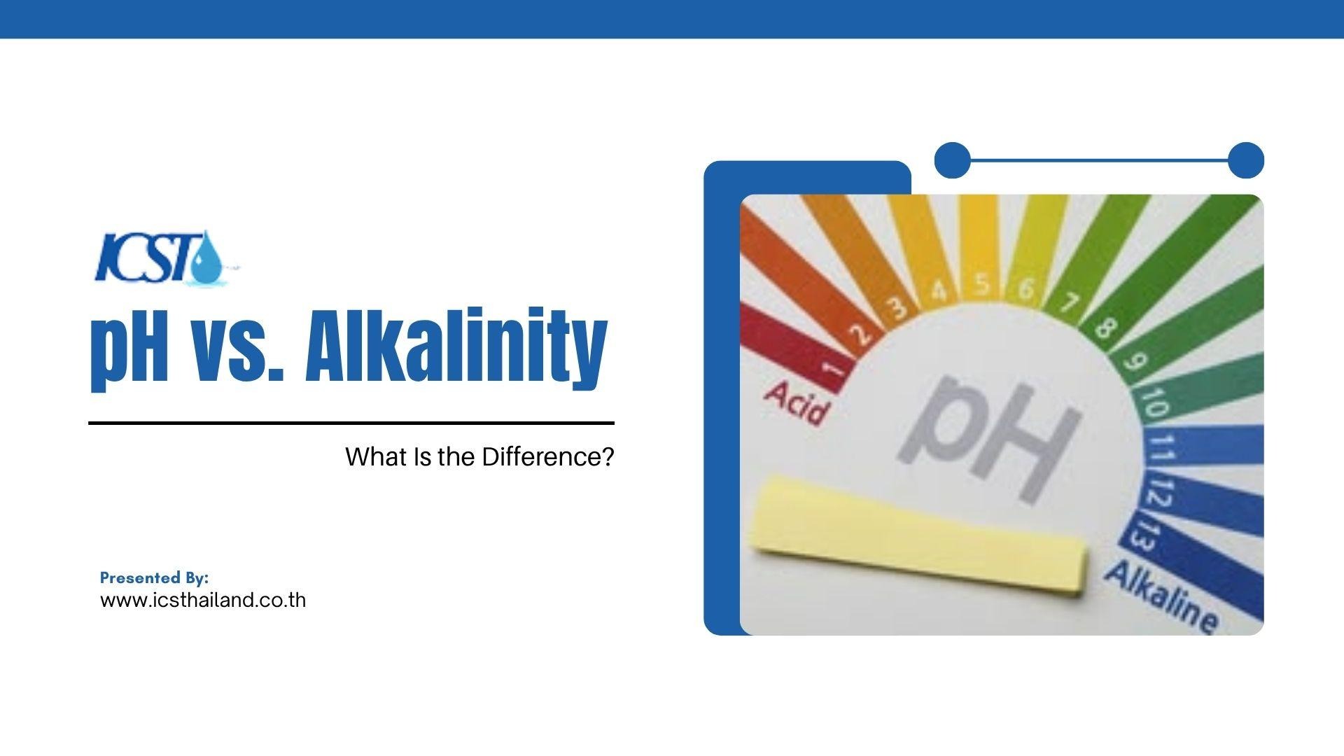 Slide titled "ICST pH vs. Alkalinity" with the subtitle "What Is the Difference?" showing a close-up image of a color-coded pH test strip scale ranging from red (Acid, 1–3) to green to dark blue (Alkaline, 11–13). Includes "Presented By: www.icsthailand.co.th" in the lower-left corner.