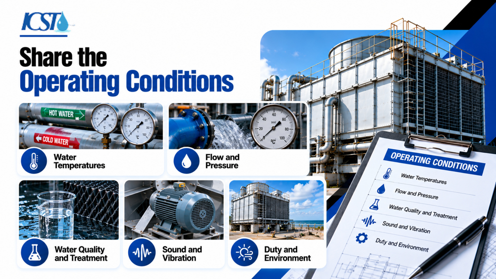 Infographic by ICST titled "Share the Operating Conditions" outlining key factors for cooling tower assessment, including water temperatures, flow and pressure, water quality and treatment, sound and vibration, and duty and environment.