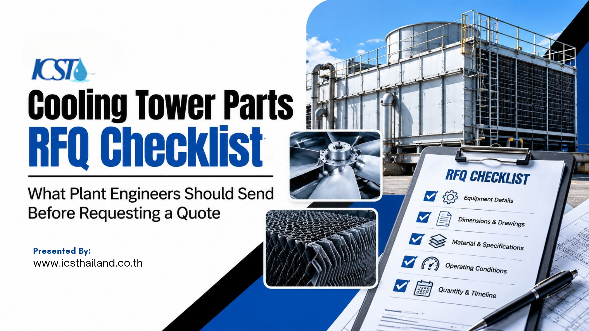 Title graphic for "Cooling Tower Parts RFQ Checklist: What Plant Engineers Should Send Before Requesting a Quote" by ICST, featuring a clipboard checklist covering equipment details, dimensions, materials, operating conditions, and timeline.